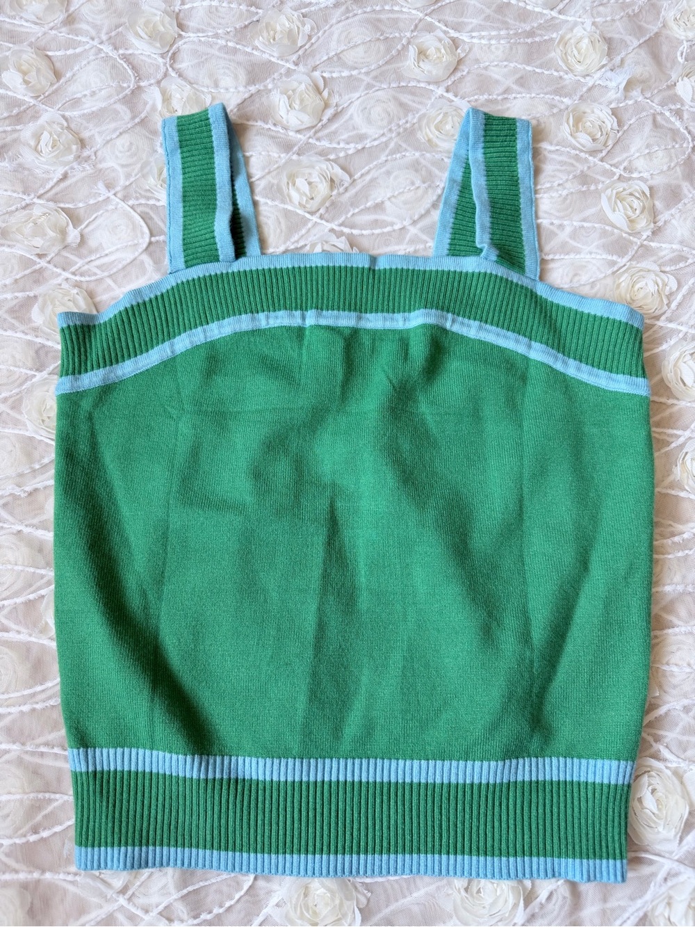 Green Ribbed Tank Top with Light Blue Trim — Women's Knit Tank